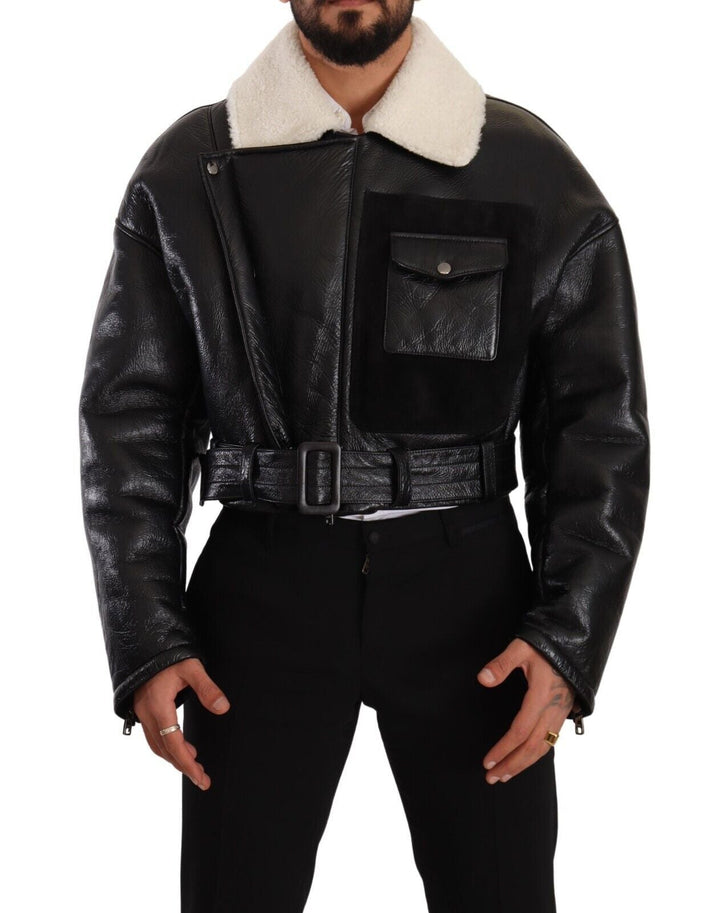 Men’s Dolce &amp; Gabbana Black Leather Shearling Biker Coat Jacket