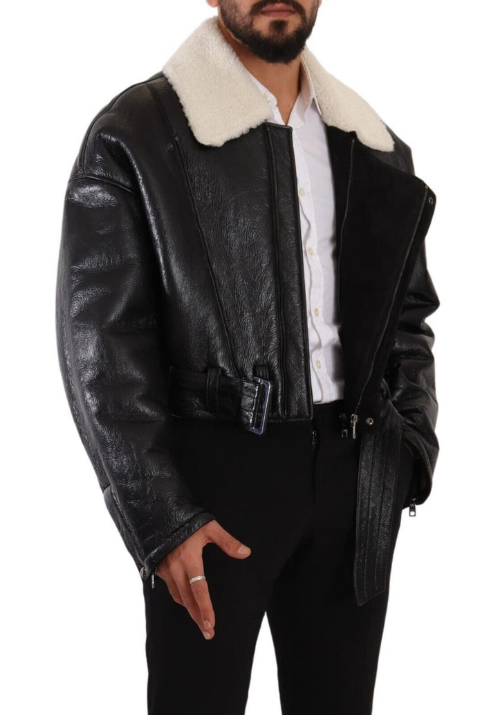 Men’s Dolce &amp; Gabbana Black Leather Shearling Biker Coat Jacket