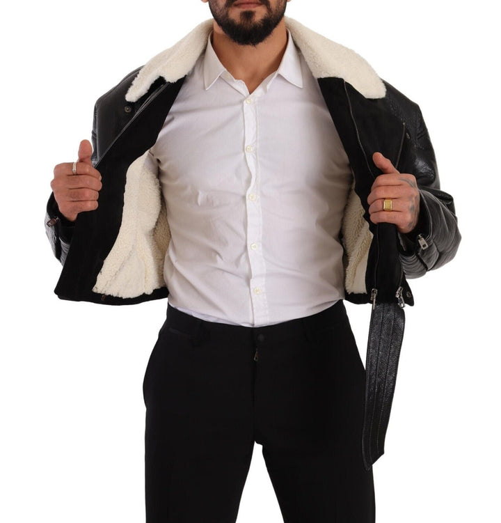 Men’s Dolce &amp; Gabbana Black Leather Shearling Biker Coat Jacket