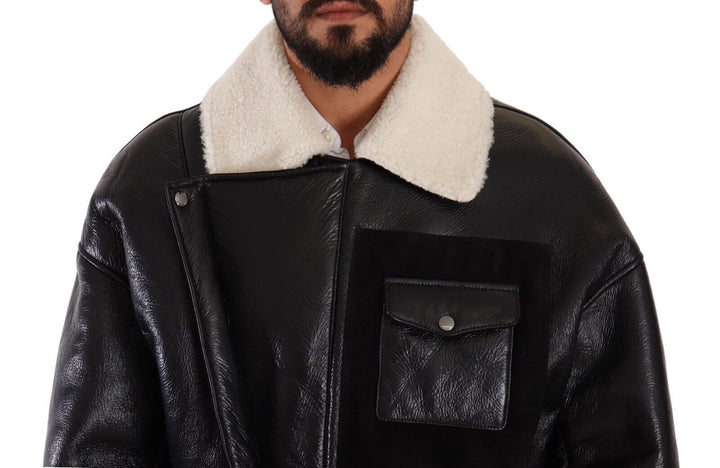 Men’s Dolce &amp; Gabbana Black Leather Shearling Biker Coat Jacket