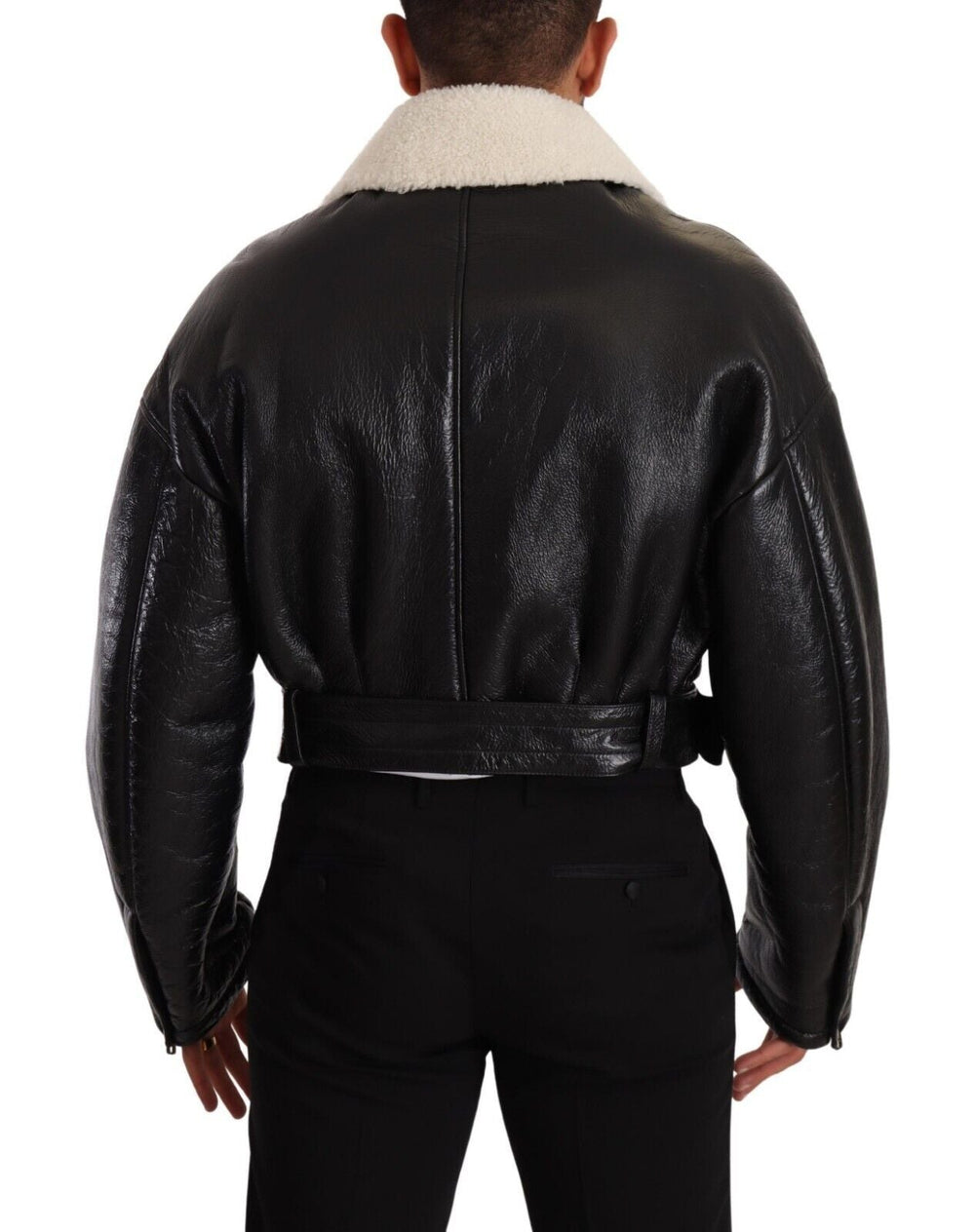 Men’s Dolce & Gabbana Black Leather Shearling Biker Coat Jacket