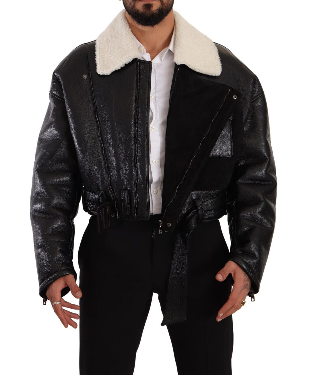 Men’s Dolce &amp; Gabbana Black Leather Shearling Biker Coat Jacket
