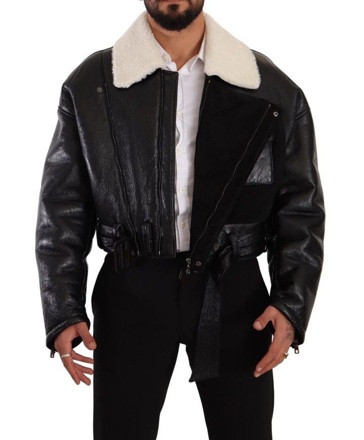 Men’s Dolce &amp; Gabbana Black Leather Shearling Biker Coat Jacket
