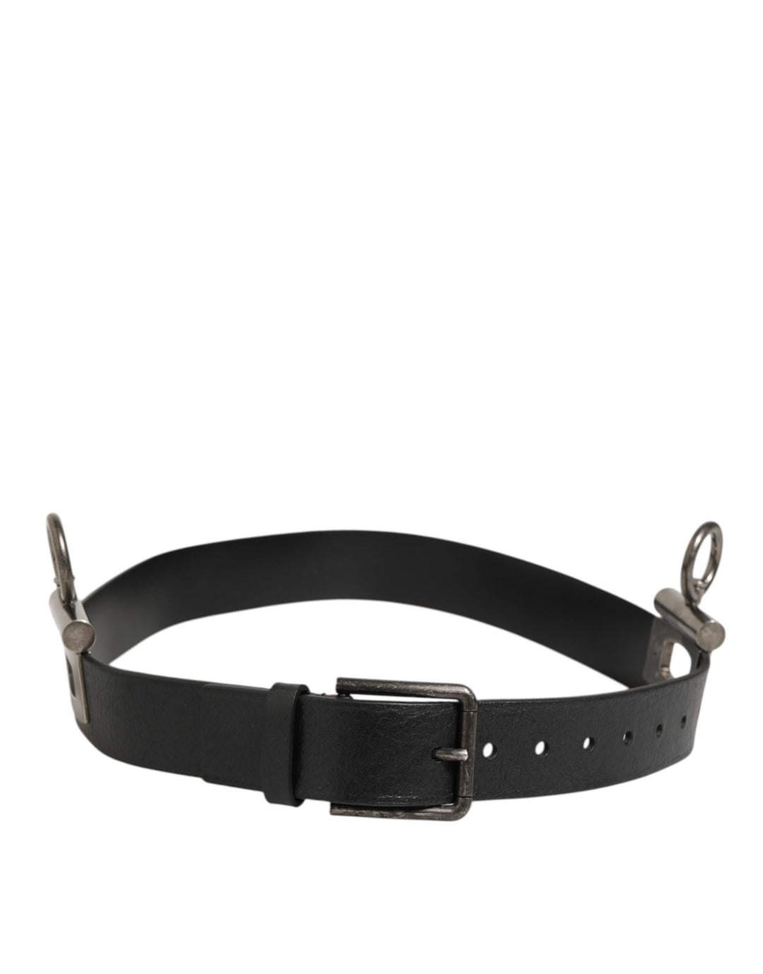 Dolce &amp; Gabbana Black Leather Side Rings Brass Buckle Belt