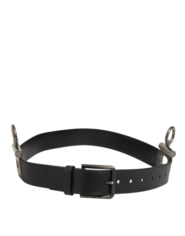 Dolce &amp; Gabbana Black Leather Side Rings Brass Buckle Belt