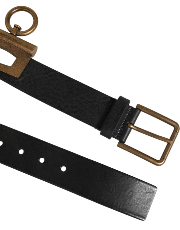 Dolce &amp; Gabbana Black Leather Side Rings Brass Buckle Belt