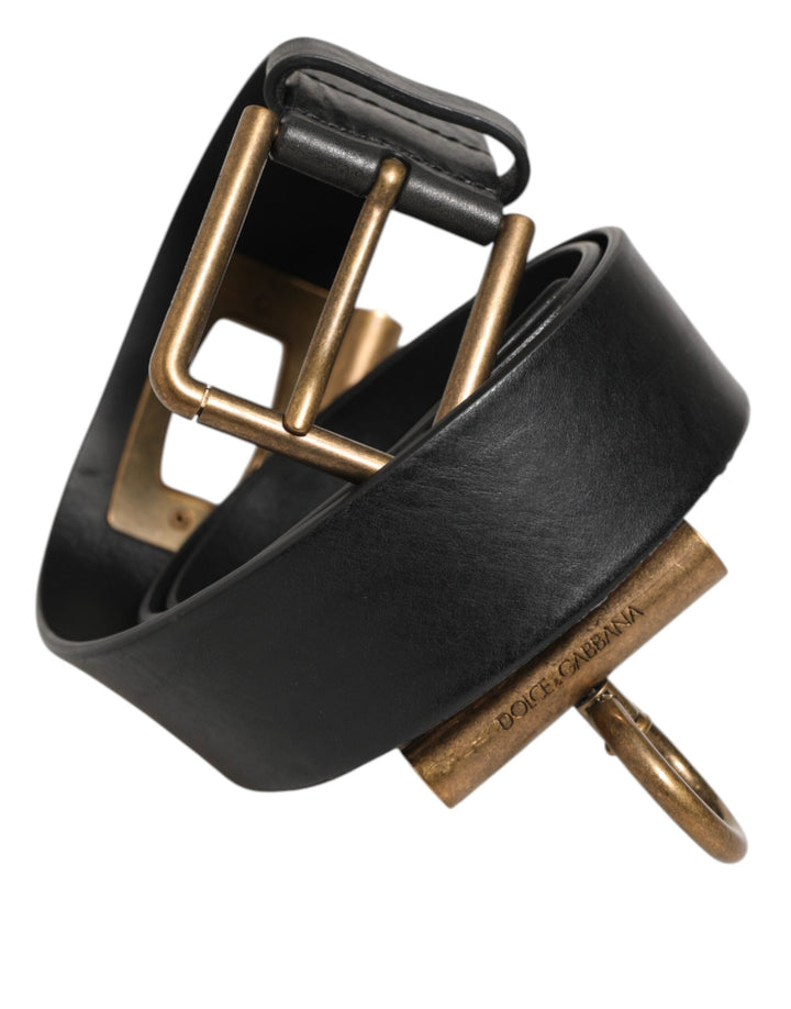 Dolce &amp; Gabbana Black Leather Side Rings Brass Buckle Belt