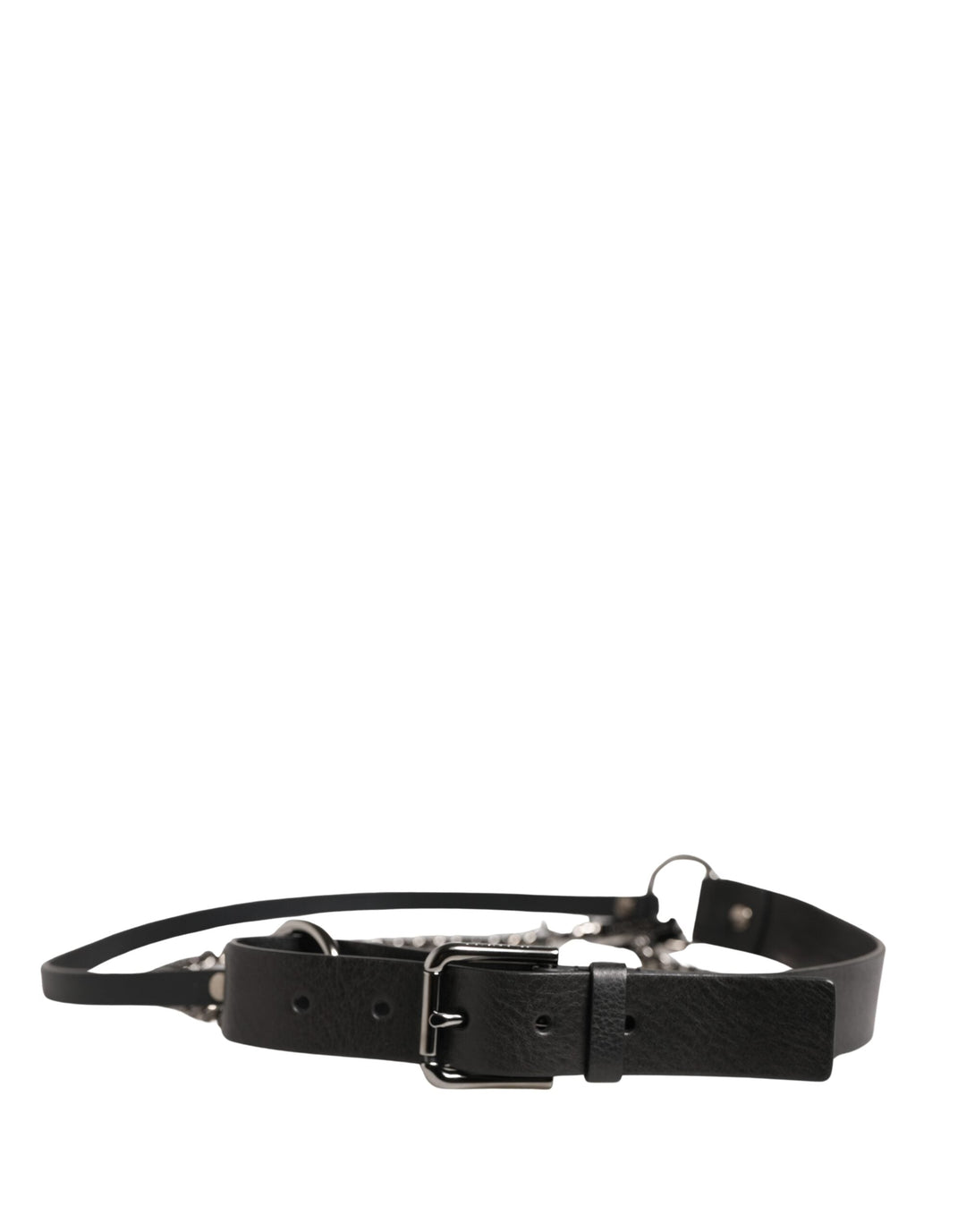 Dolce &amp; Gabbana Black Leather Silver Chain Waist Men Belt
