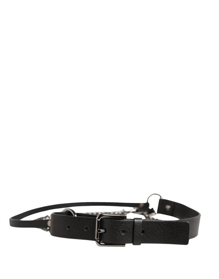 Dolce &amp; Gabbana Black Leather Silver Chain Waist Men Belt