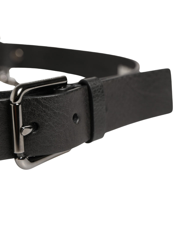 Dolce &amp; Gabbana Black Leather Silver Chain Waist Men Belt