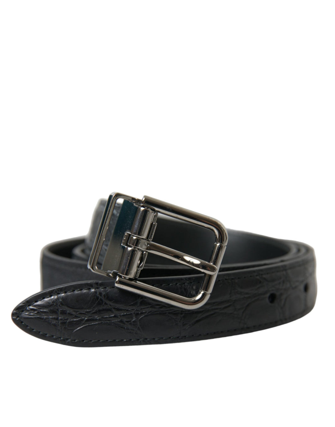 Dolce &amp; Gabbana Black Leather Silver Metal Buckle Belt