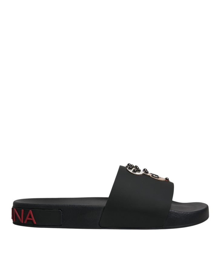 Men’s Dolce &amp; Gabbana Black Leather Slides Sandals Beachwear Shoes