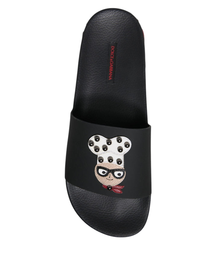 Men’s Dolce &amp; Gabbana Black Leather Slides Sandals Beachwear Shoes