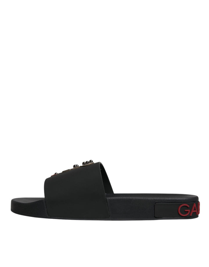 Men’s Dolce &amp; Gabbana Black Leather Slides Sandals Beachwear Shoes