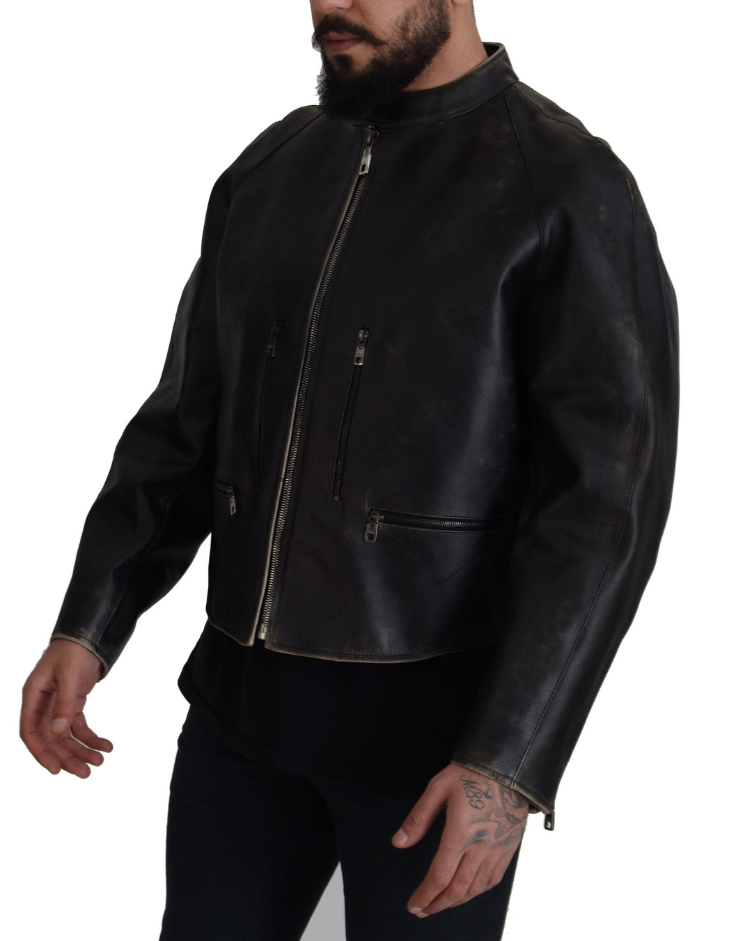 Men’s Dolce &amp; Gabbana Black Leather Zipper Biker Coat Jacket