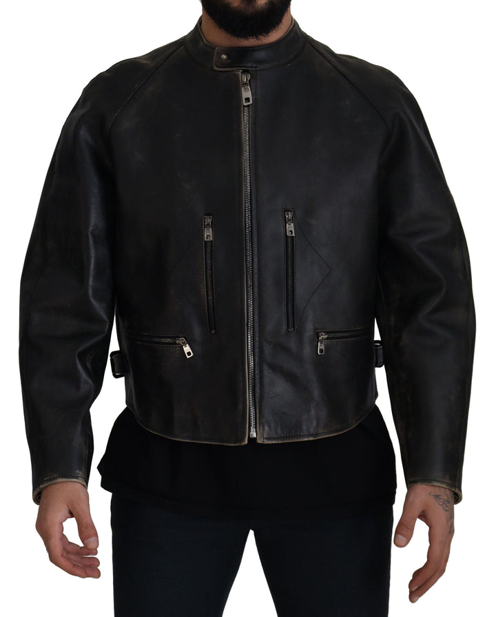 Men’s Dolce &amp; Gabbana Black Leather Zipper Biker Coat Jacket