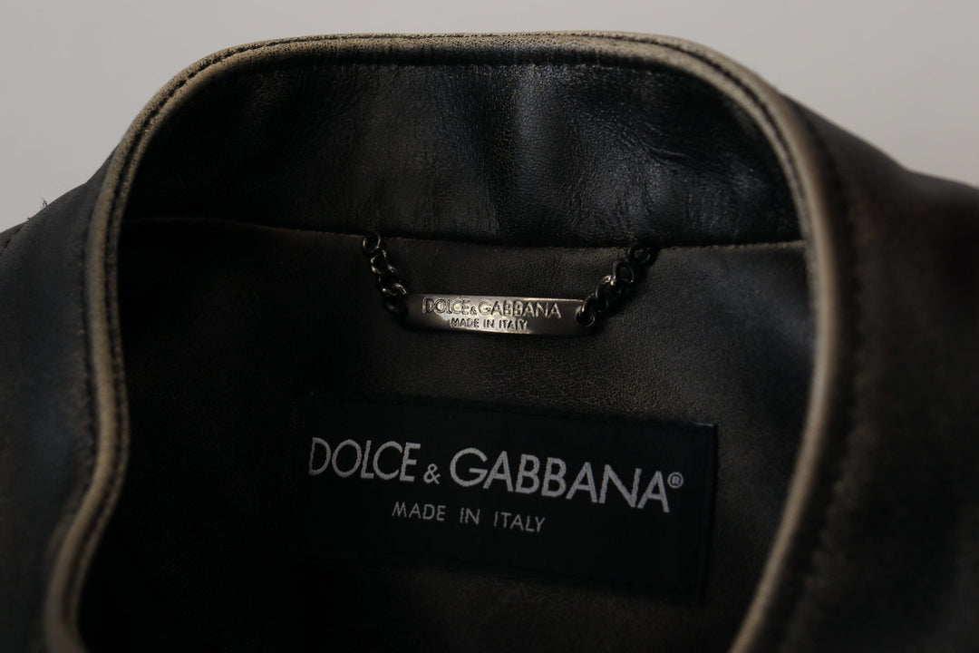 Men’s Dolce &amp; Gabbana Black Leather Zipper Biker Coat Jacket
