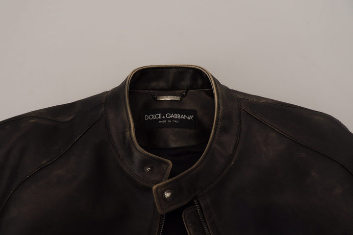 Men’s Dolce &amp; Gabbana Black Leather Zipper Biker Coat Jacket