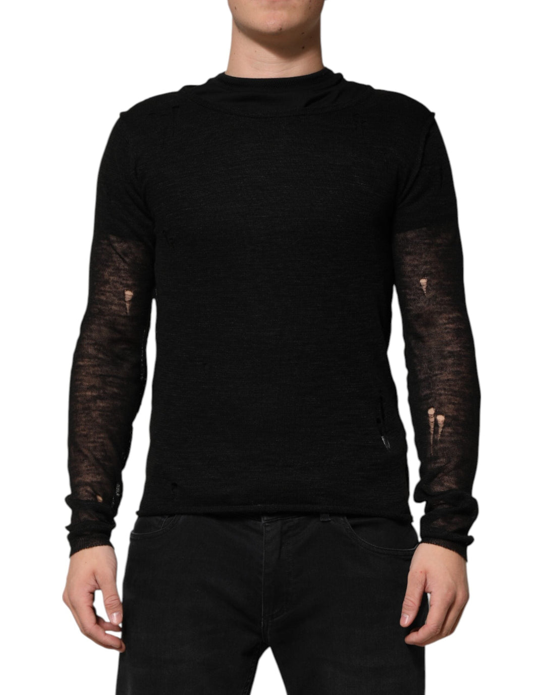 Men’s Dolce &amp; Gabbana Black Linen Mesh Tattered Longsleeves T-shirt
