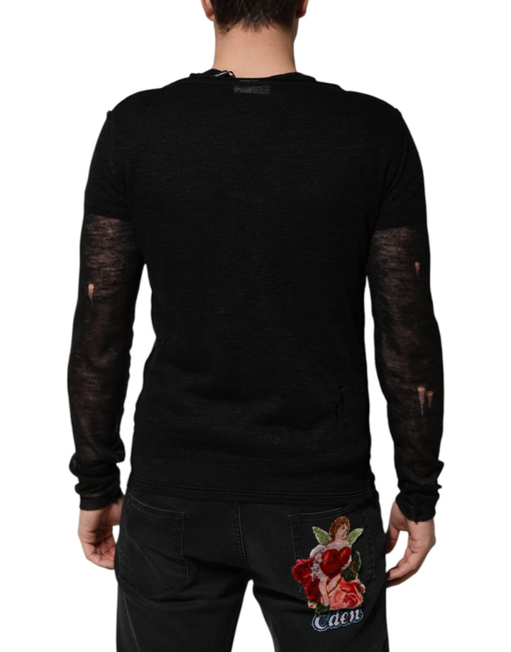 Men’s Dolce &amp; Gabbana Black Linen Mesh Tattered Longsleeves T-shirt