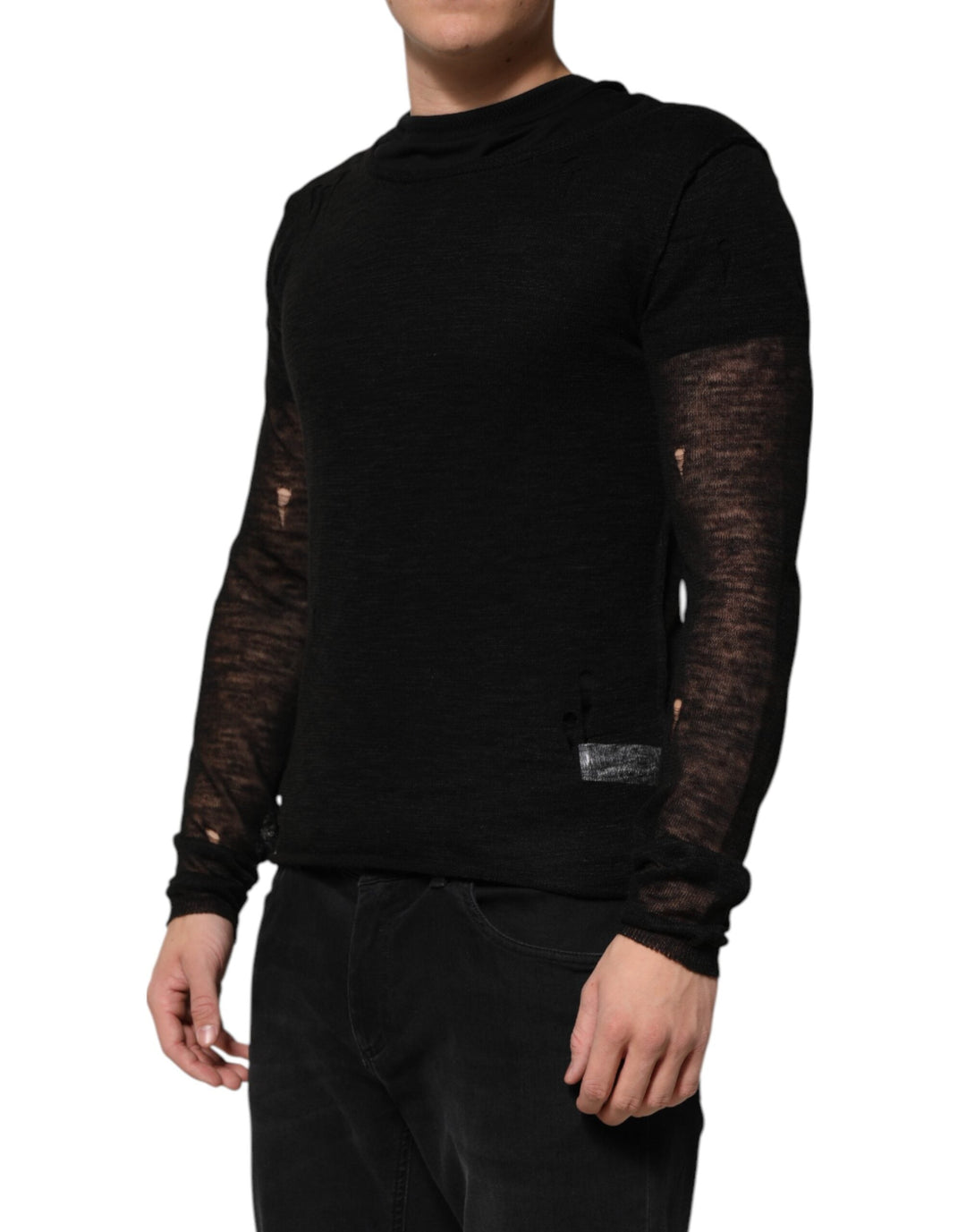 Men’s Dolce &amp; Gabbana Black Linen Mesh Tattered Longsleeves T-shirt