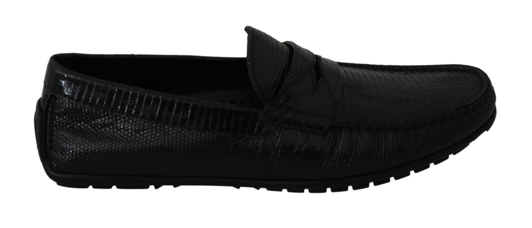 Men’s Dolce &amp; Gabbana Black Lizard Leather Flat Loafers Shoes