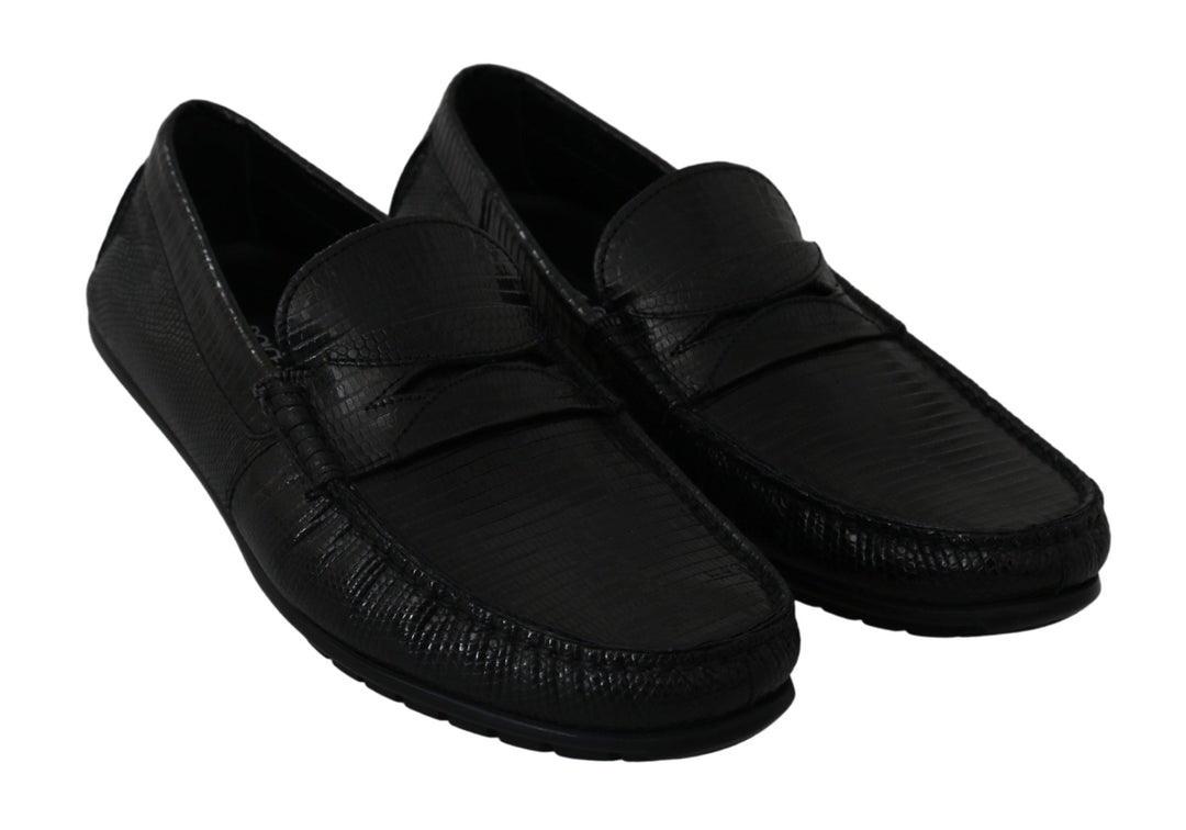 Men’s Dolce &amp; Gabbana Black Lizard Leather Flat Loafers Shoes