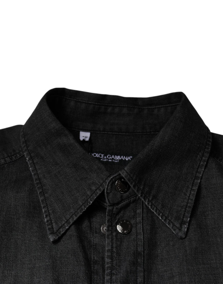 Dolce &amp; Gabbana Black Logo Cotton Button Down Denim Shirt