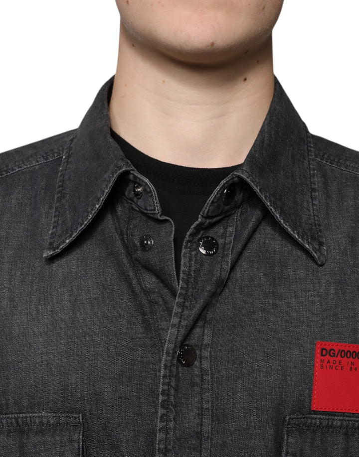 Dolce &amp; Gabbana Black Logo Cotton Button Down Denim Shirt