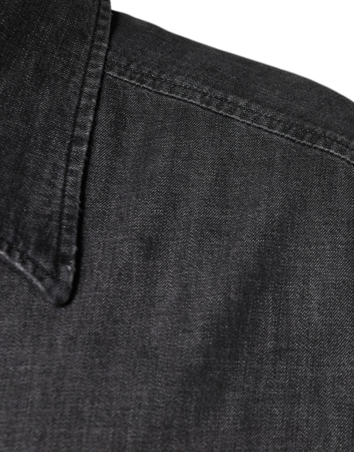 Dolce &amp; Gabbana Black Logo Cotton Button Down Denim Shirt