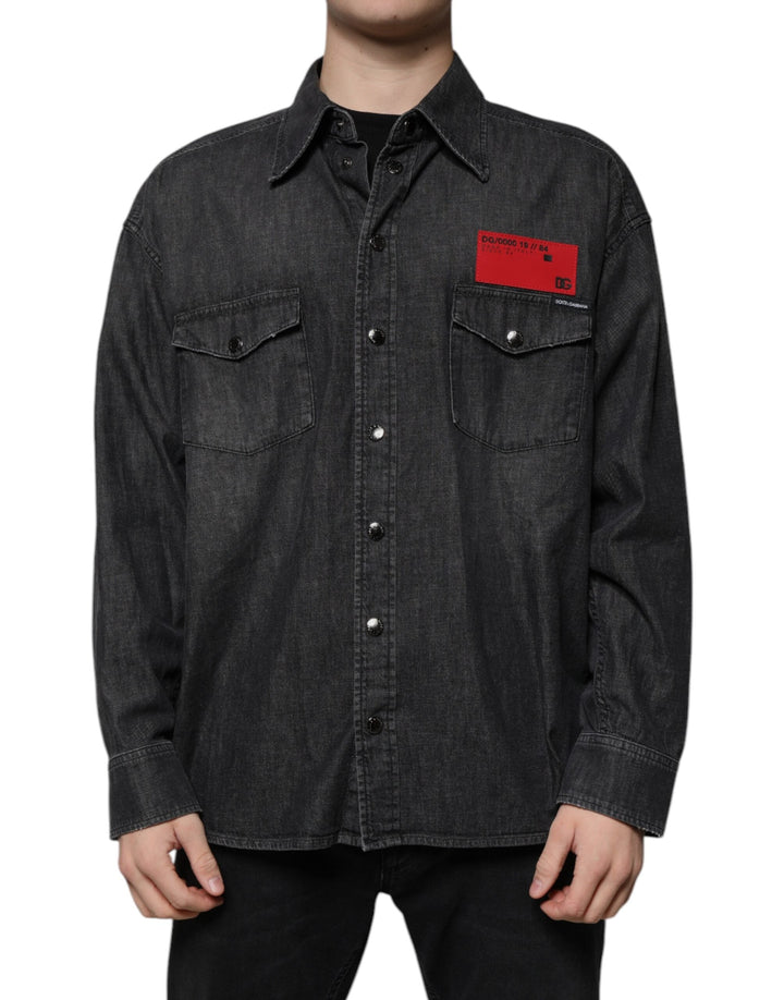 Dolce &amp; Gabbana Black Logo Cotton Button Down Denim Shirt