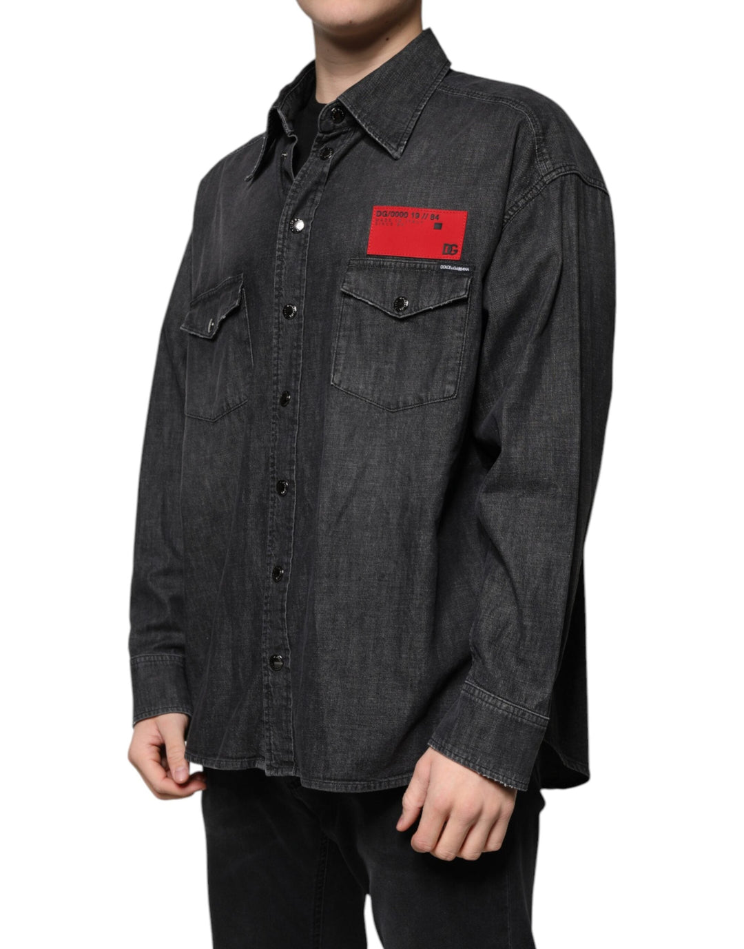 Dolce &amp; Gabbana Black Logo Cotton Button Down Denim Shirt