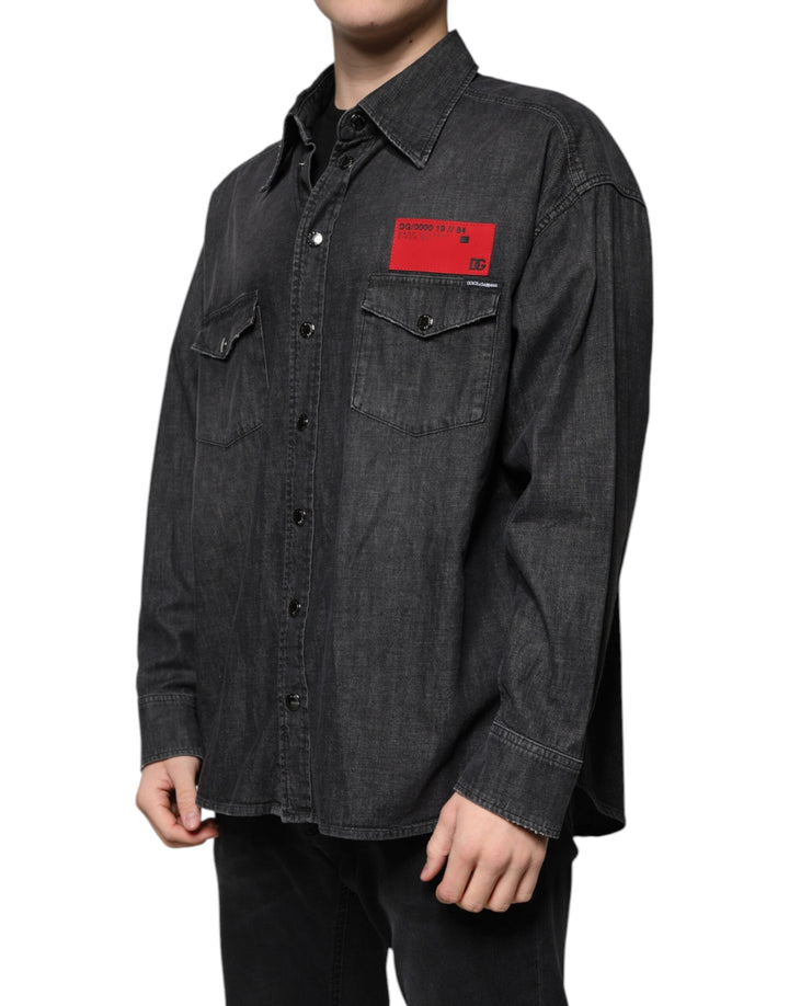 Dolce &amp; Gabbana Black Logo Cotton Button Down Denim Shirt
