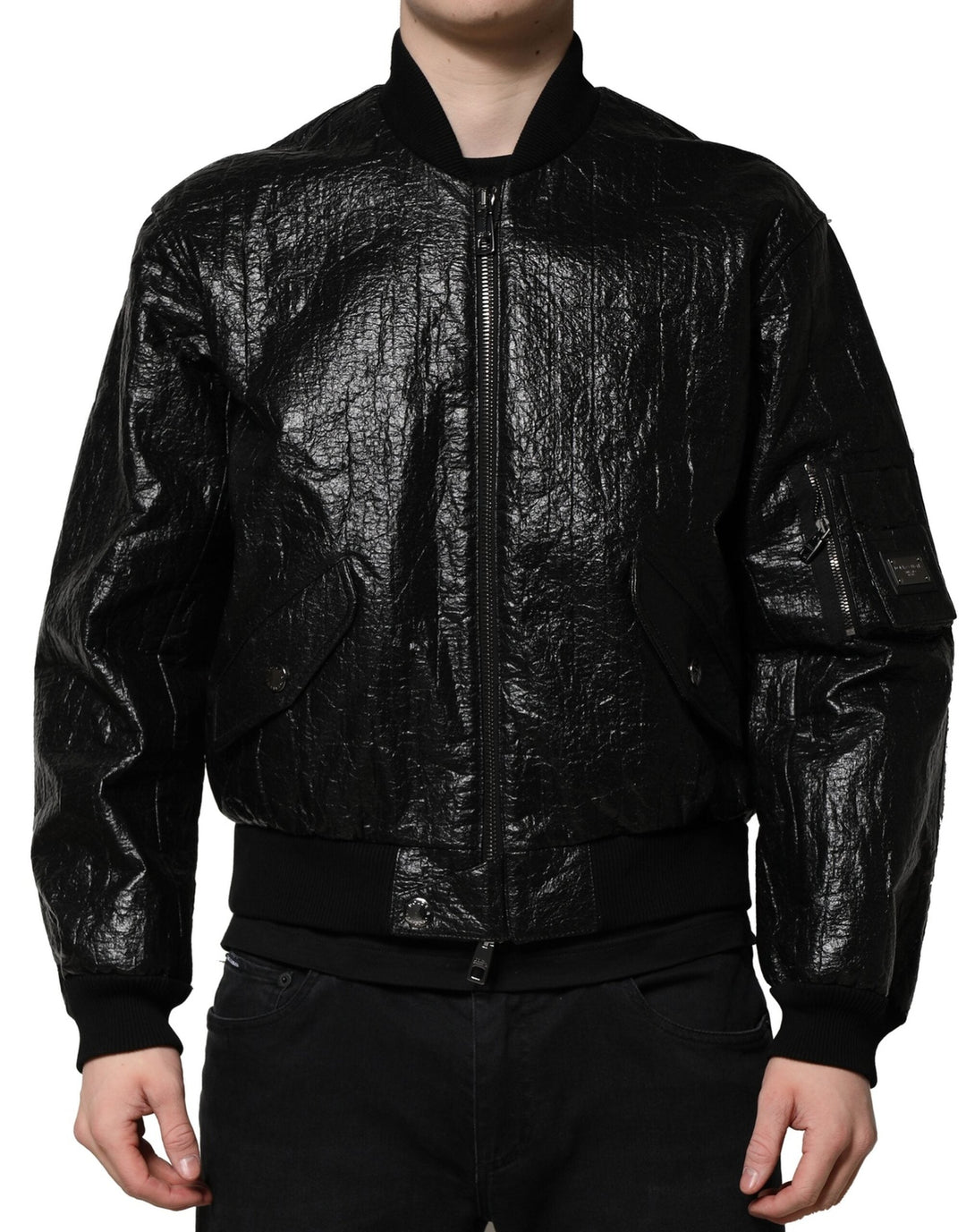 Men’s Dolce &amp; Gabbana Black Logo Plaque Bomber Full Zipper Jacket