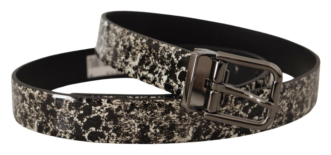 Dolce &amp; Gabbana Black Marble Print Leather Gray Logo Belt