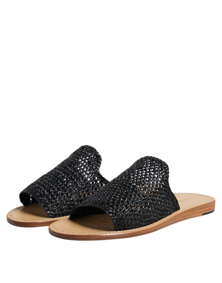Men’s Dolce &amp; Gabbana Black Monochrome Braided Raffia Slides Shoes