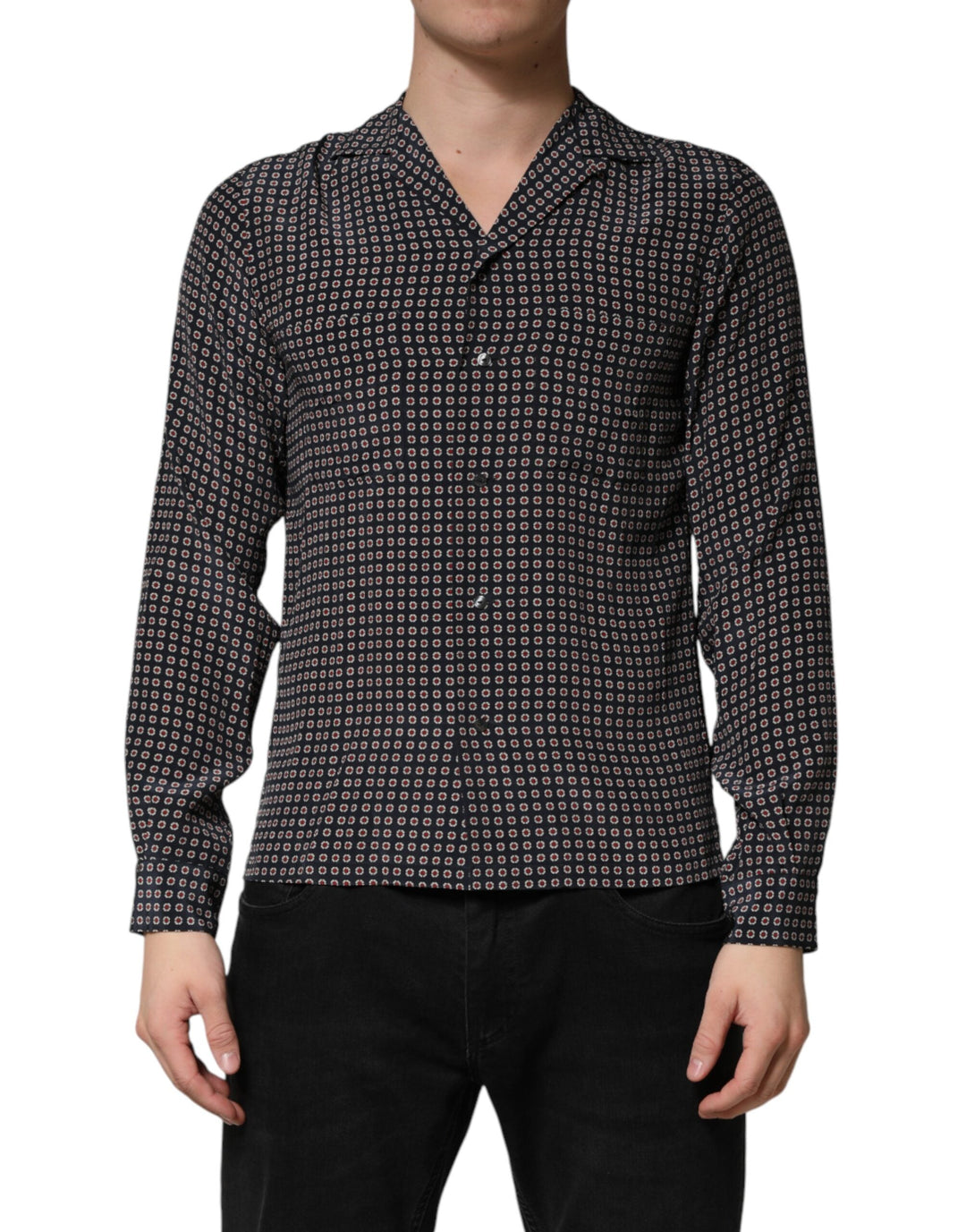 Men’s Dolce &amp; Gabbana Black Patterned Silk Men Button Down Shirt