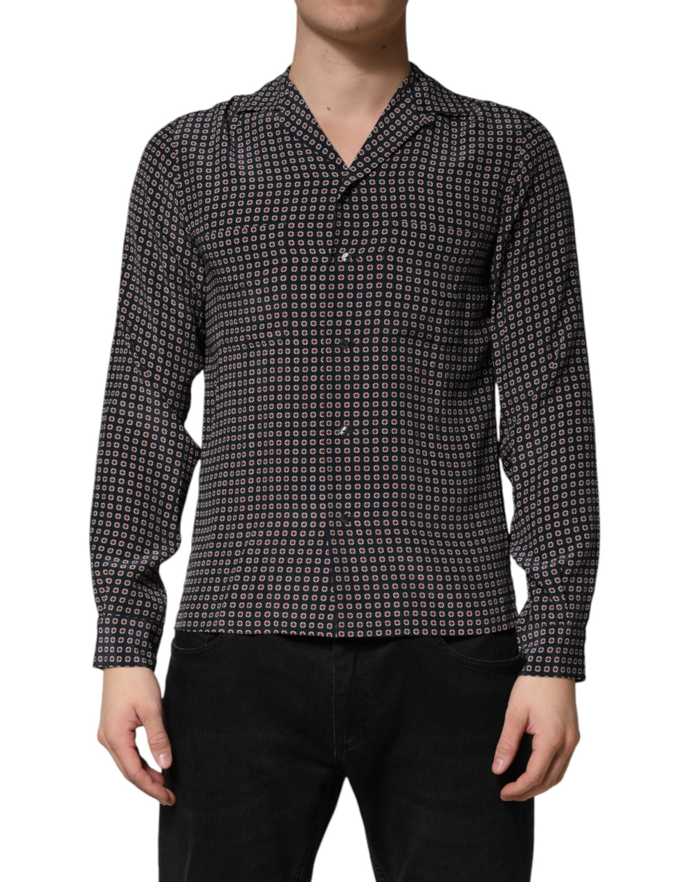 Men’s Dolce & Gabbana Black Patterned Silk Men Button Down Shirt