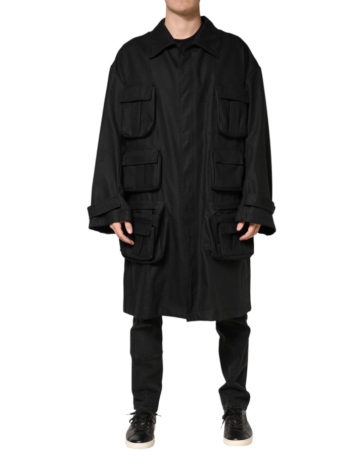 Men’s Dolce &amp; Gabbana Black Pockets Collared Trench Coat Jacket