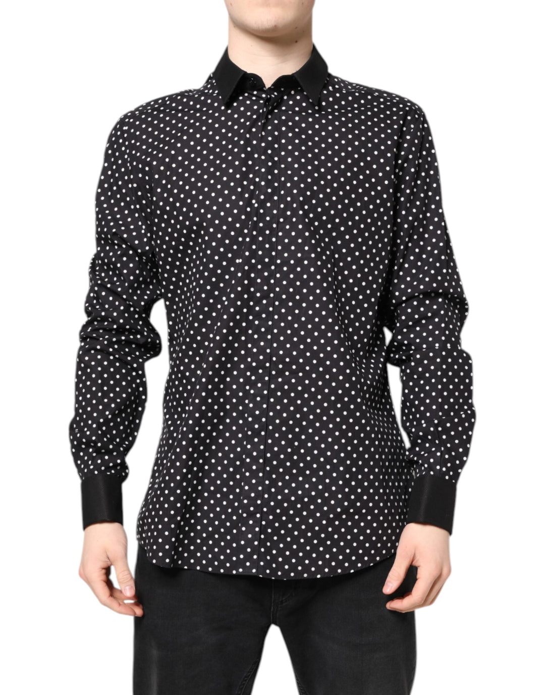 Men’s Dolce &amp; Gabbana Black Polka Dot Cotton Formal Dress Shirt
