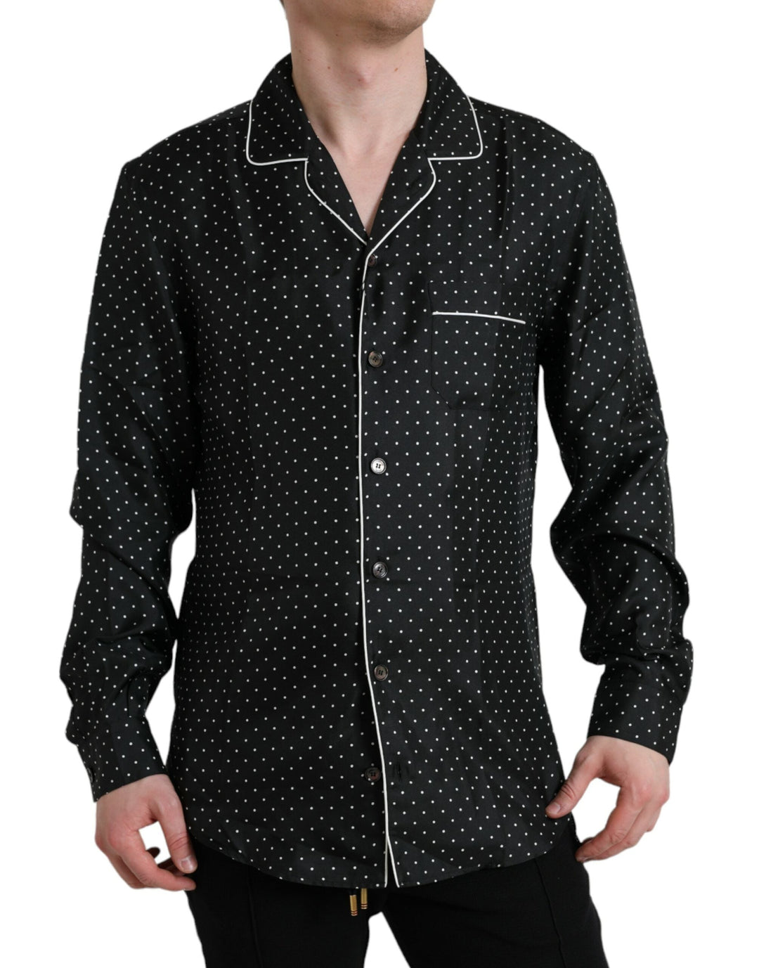 Men’s Dolce &amp; Gabbana Black Polka Dot Silk Long Sleeve Shirt
