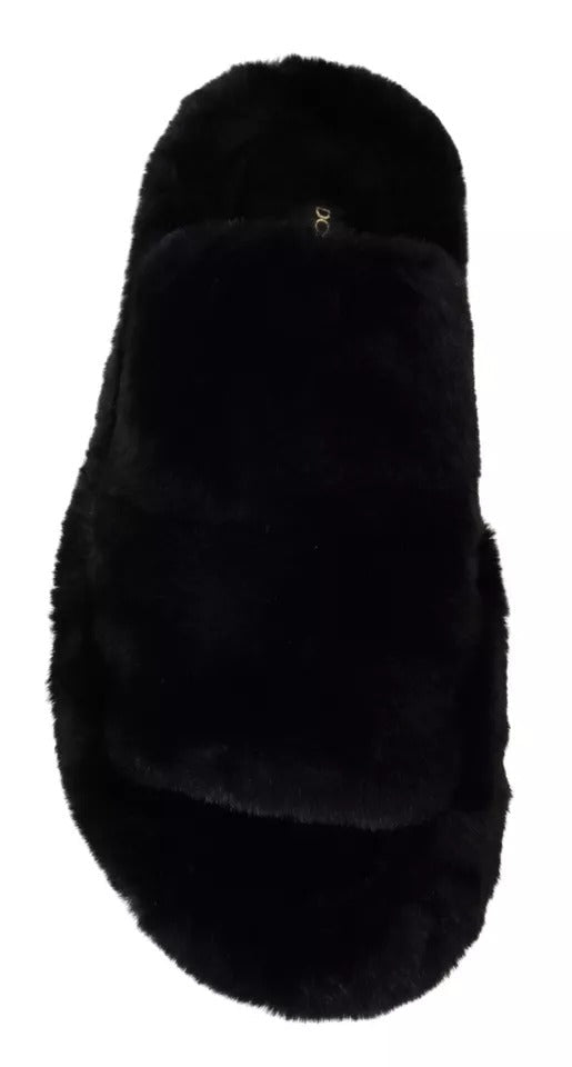Men’s Dolce & Gabbana Black Polyester Faux Fur Mens Flats Sandals Shoes