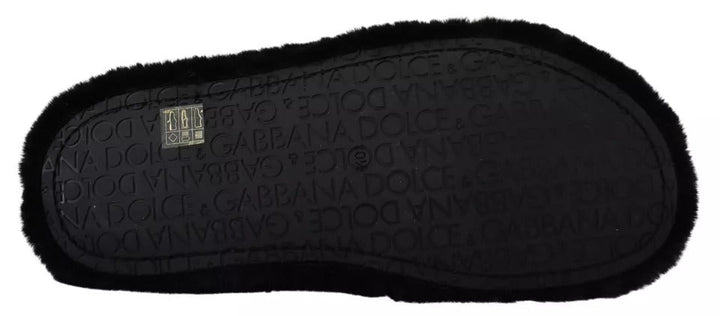 Men’s Dolce &amp; Gabbana Black Polyester Faux Fur Mens Flats Sandals Shoes