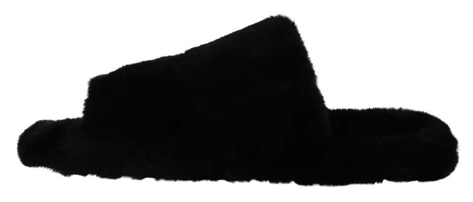 Men’s Dolce & Gabbana Black Polyester Faux Fur Mens Flats Sandals Shoes