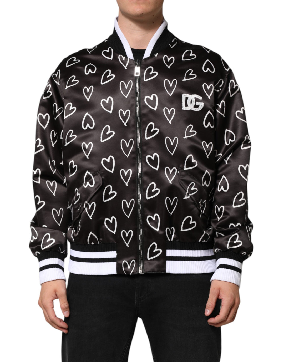Men’s Dolce &amp; Gabbana Black Polyester Heart Print Bomber Jacket
