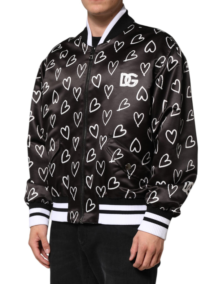 Men’s Dolce &amp; Gabbana Black Polyester Heart Print Bomber Jacket