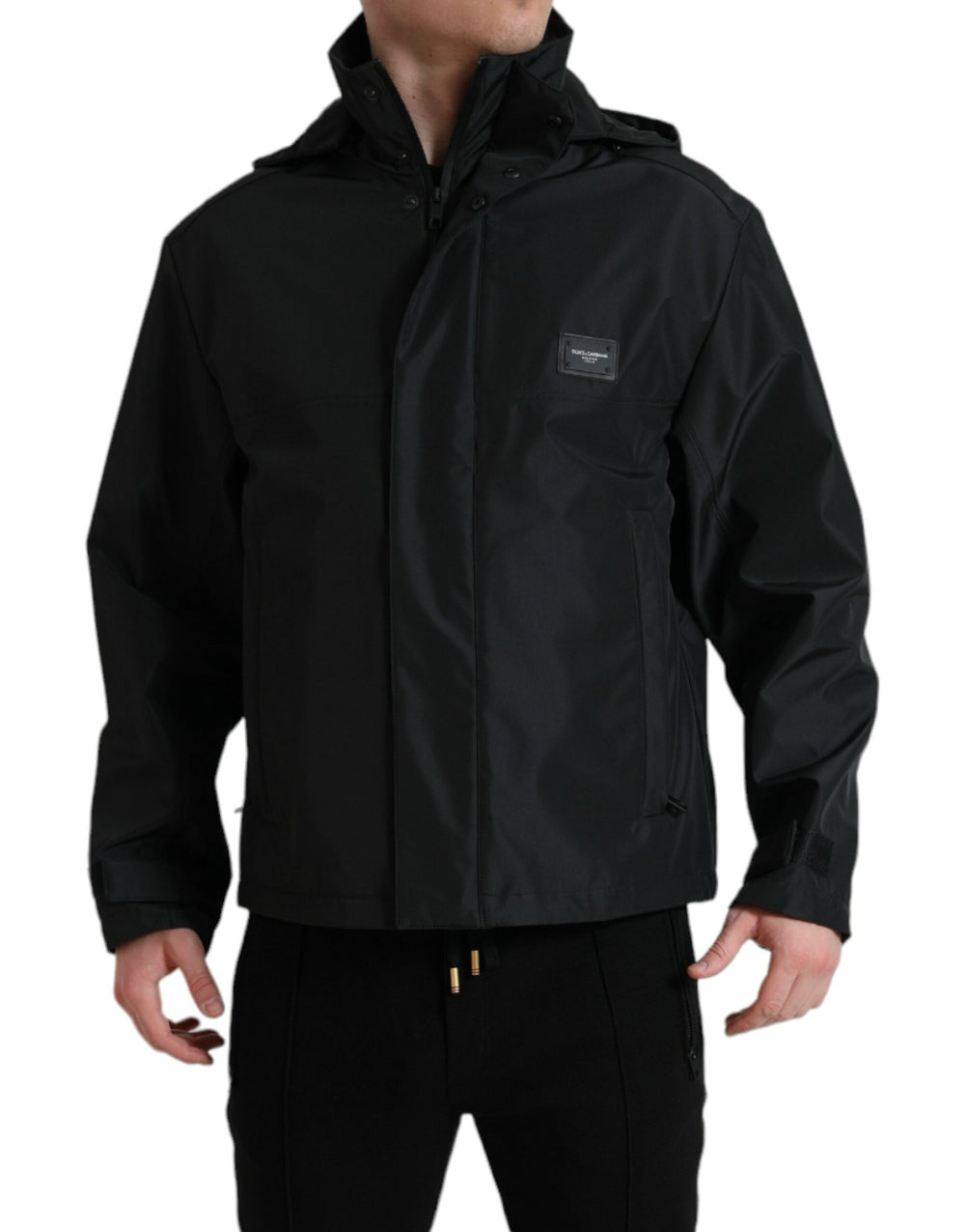 Men’s Dolce & Gabbana Black Polyester Logo Plaque Hooded Jacket