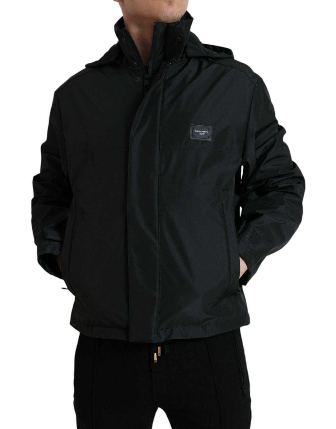 Men’s Dolce & Gabbana Black Polyester Logo Plaque Hooded Jacket