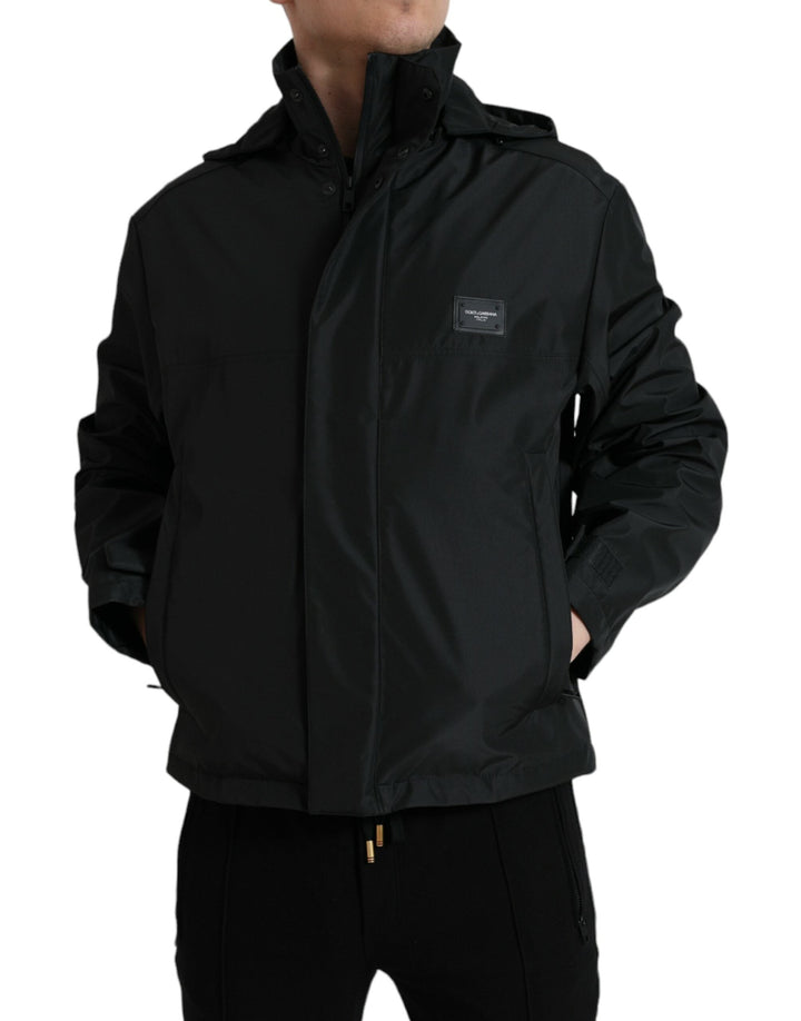 Men’s Dolce &amp; Gabbana Black Polyester Logo Plaque Hooded Jacket