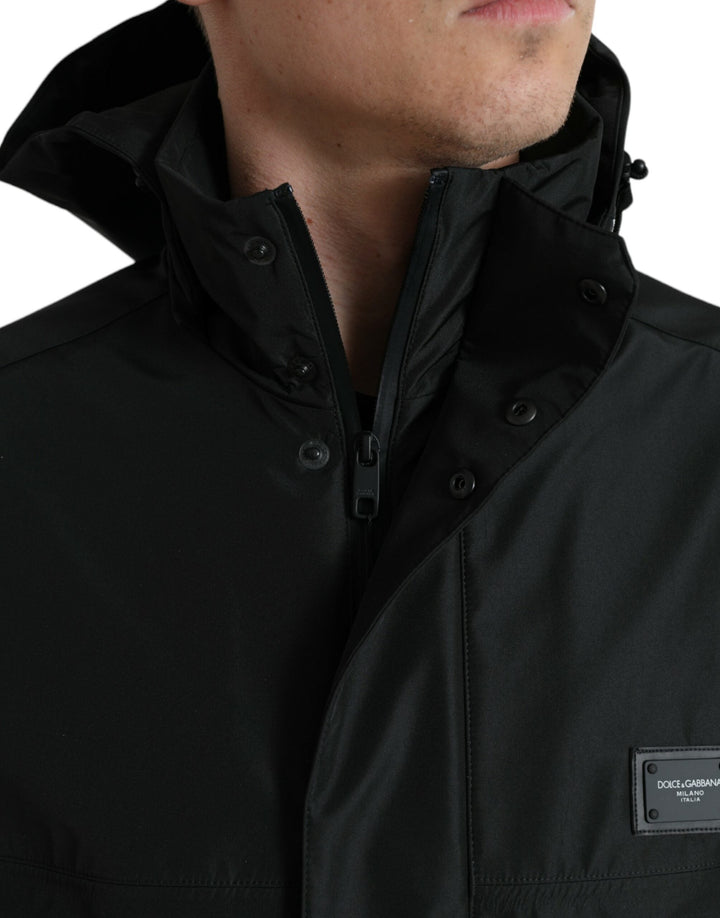 Men’s Dolce &amp; Gabbana Black Polyester Logo Plaque Hooded Jacket